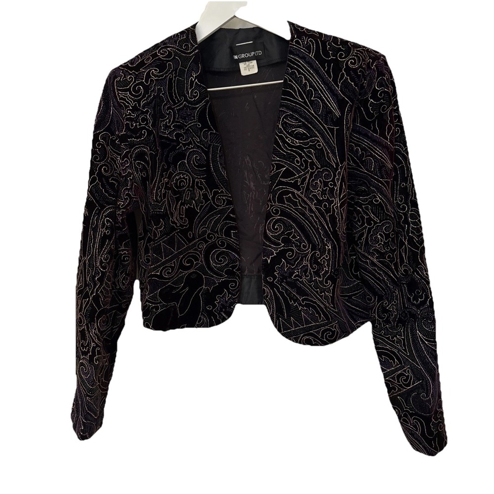 80s Velvet Bolero Jacket Sz 6 Medium USA Made Black Paisley Painted Metallic‎